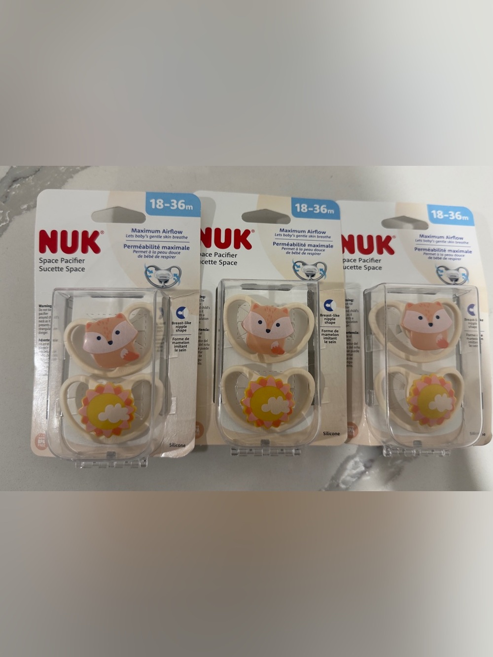 Nuk Pacifier 18-36m Fox & Sun Silicone Pacifier Duo -Set of 3. Brand New